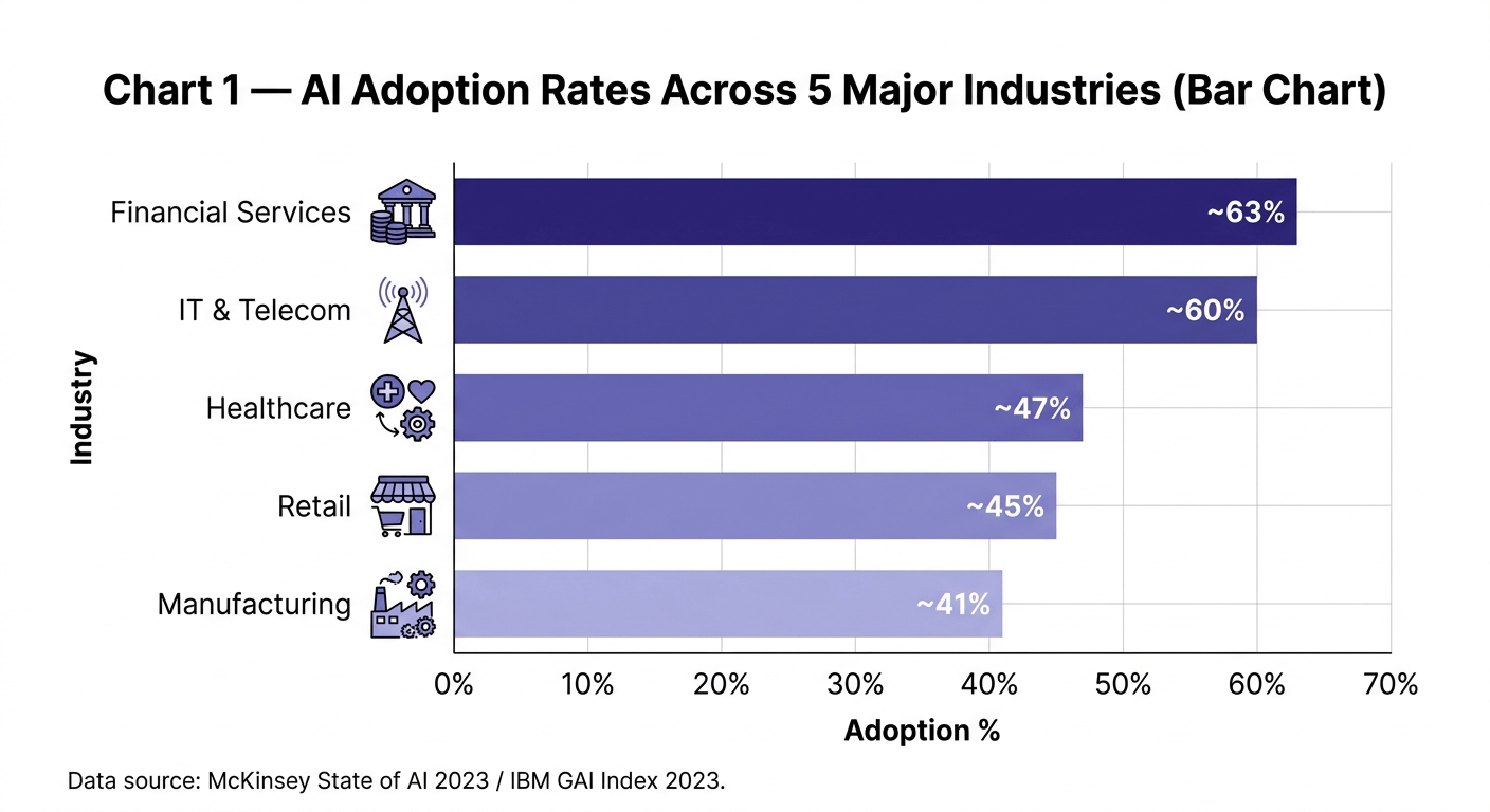 Financial Services (~63%), IT & Telecom (~60%), Healthcare (~47%), Retail (~45%), Manufacturing (~41%). Data source: McKinsey State of AI 2023 / IBM GAI Index 2023.
